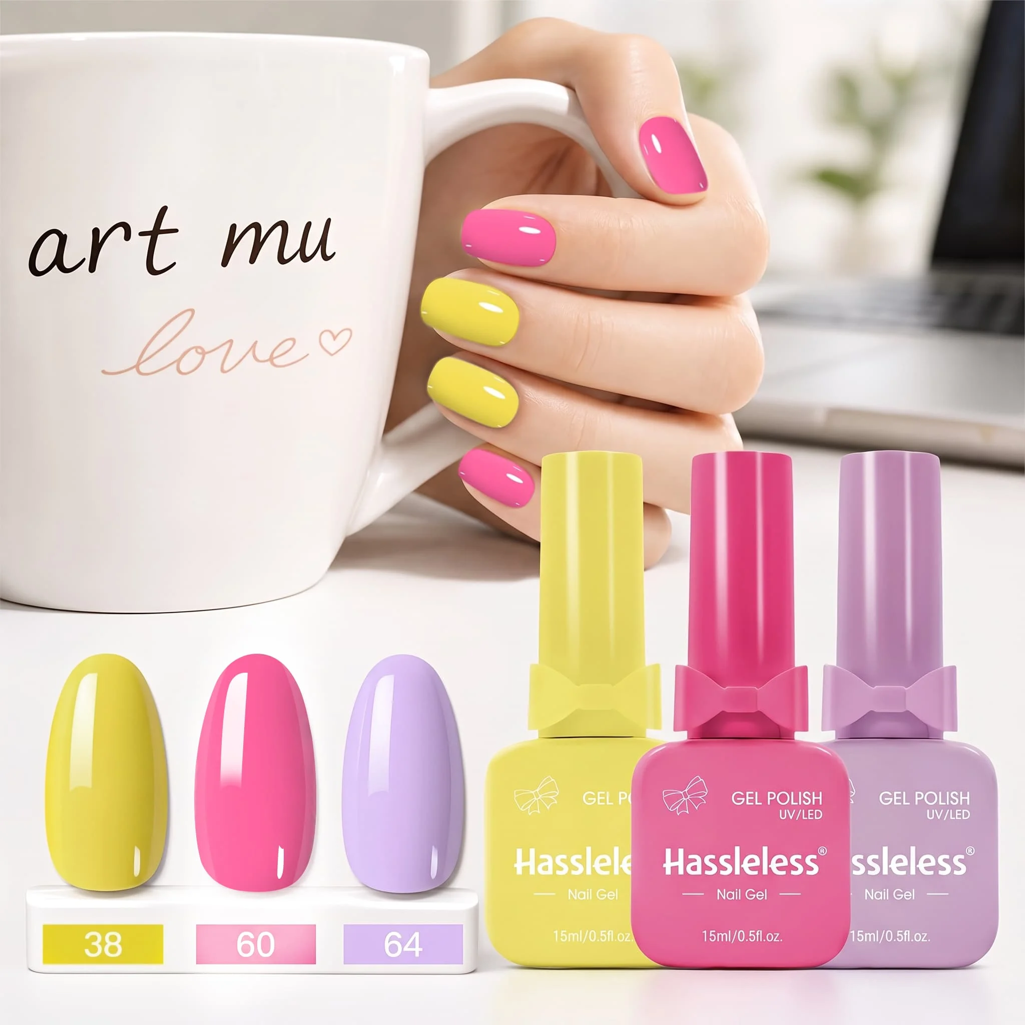 Hassleless 3-Piece Nail Polish Gel Set 15ml Bright Yellow Fluorescent Rose Pink Light Purple Nail Polish Gel, Glossy Long-Lasting Removable Nail Polish, Home Salon DIY Nail Art, Women's Nail Art Gift