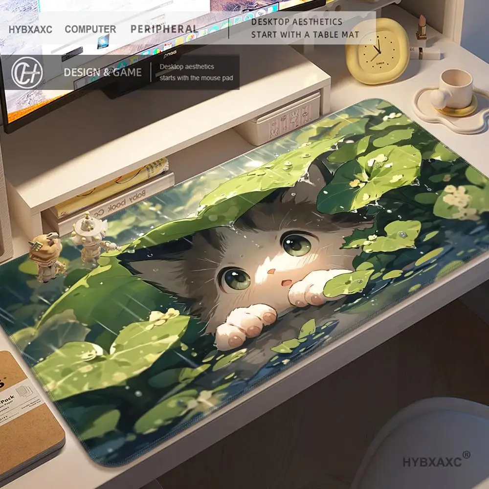

2026 New HYBXAXC Mousepad Gamer Green Leaf Cat Computer Mouse Pad Xxl Pc Cabinet Games Gaming Accessories Desk Mat Keyboard Mats
