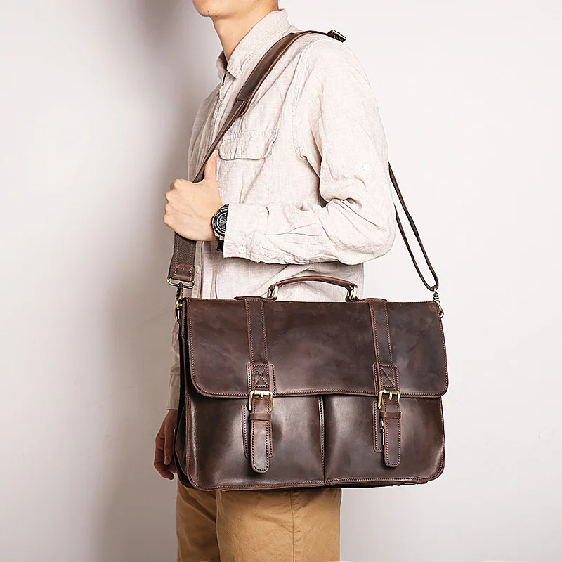 Natural Men's Leather Dark Brown Briefcase Vintage Portfolio Handbag Fashion Satchel Messenger Bag Office Laptop for Men