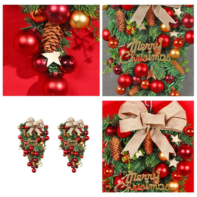 2Pcs Christmas Front Door Wreath Xmas Teardrop Wreath Set Kit For Front Door, Wall, Fireplace