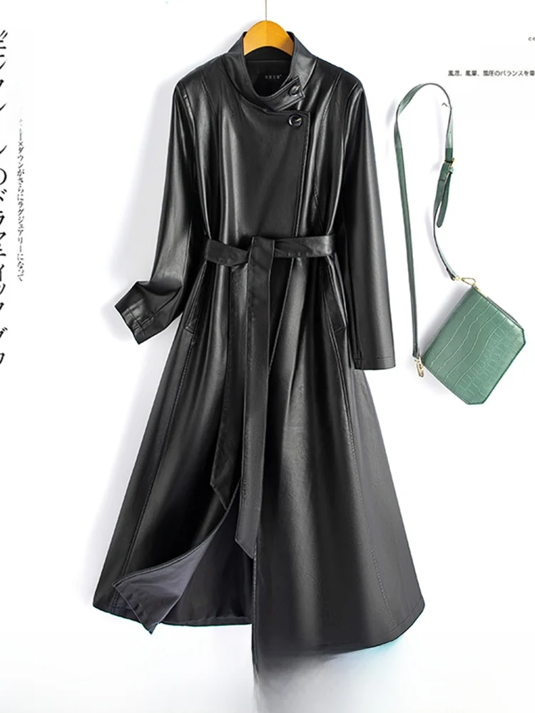 

Autumn Winter New Sle Women's Long Over-Knee Slim Fit Leather Coat eepskin Windbreaker Outerwear Faionable Commute Sle