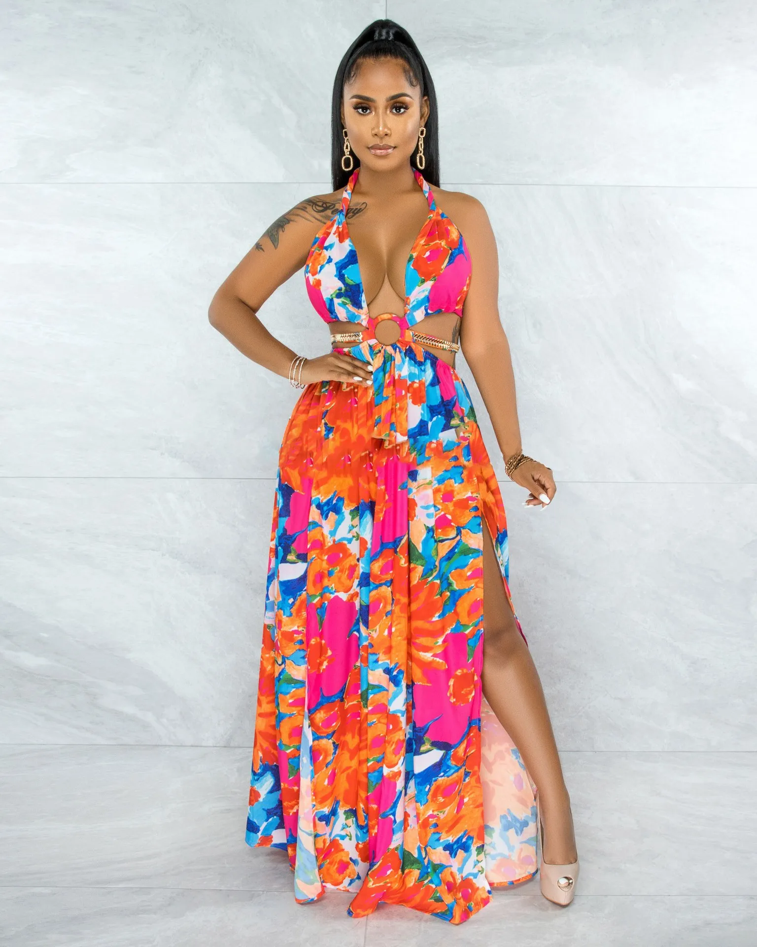 CM.YAYA Women Long Dress Print Sleeveless Halter Bandage Hollow Out Splited  Maxi Dresses Sexy Night Party Vestidos Summer Outfit - AliExpress 200000345