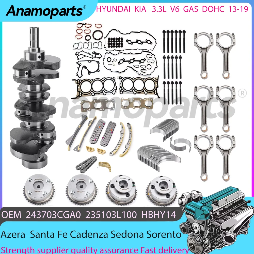 Engine Timing chain Crankshaft Head Gasket Rebuild Overhaul package Kit For 13-19 Hyundai Santa Fe Kia Sorento 3.3L V6 GAS DOHC