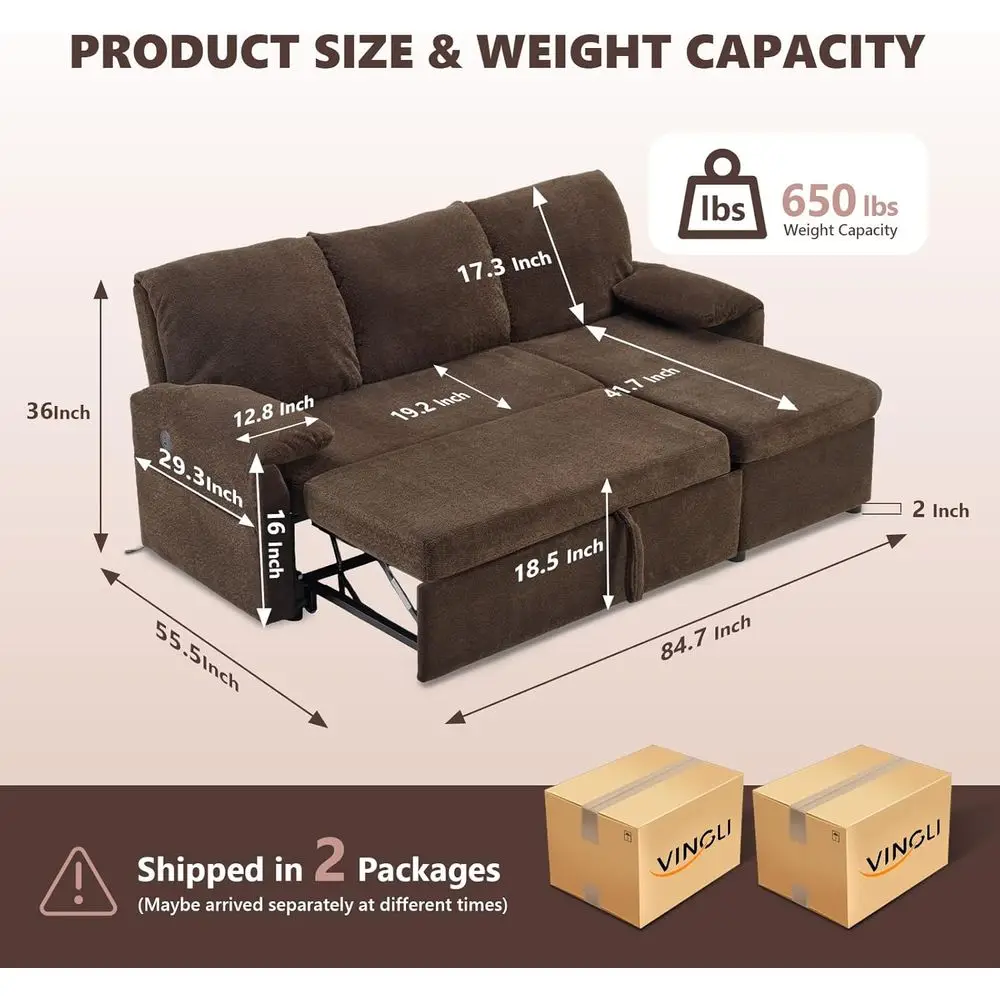 L-Shaped Sectional Sofa Bed with Storage, Cloud-Soft Leather, USB Ports, and Side Pockets in Brown