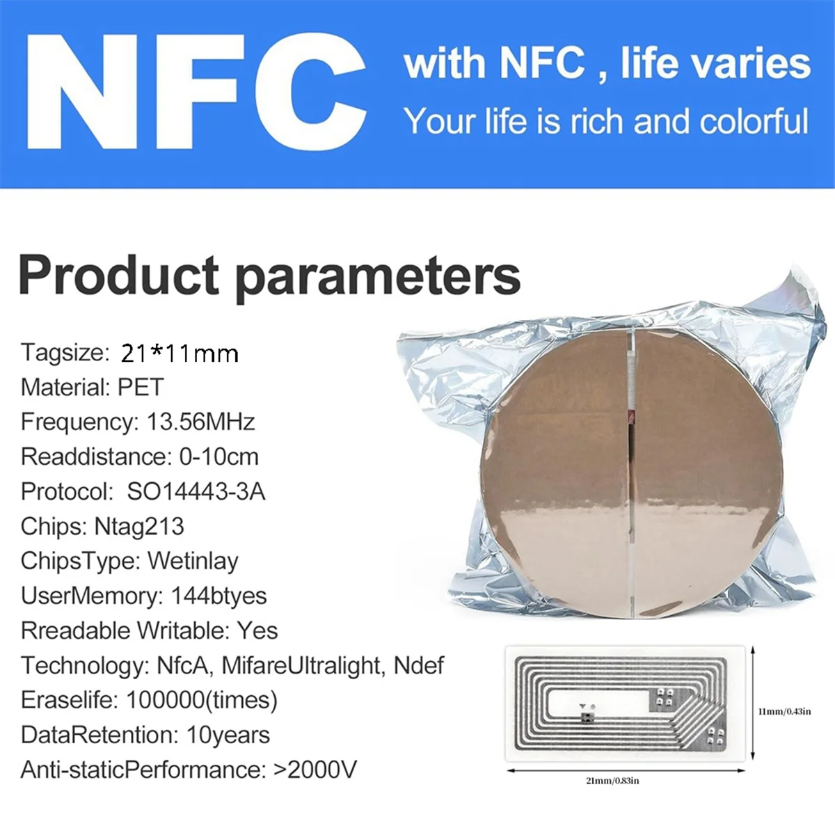 100 Stück NFC-Tags-Aufkleber mit NTAG213-Chip, leere NFC-Aufkleber, selbstklebende Etiketten, RFID-Tags, wiederbeschreibbar, 144 Bytes Speicher