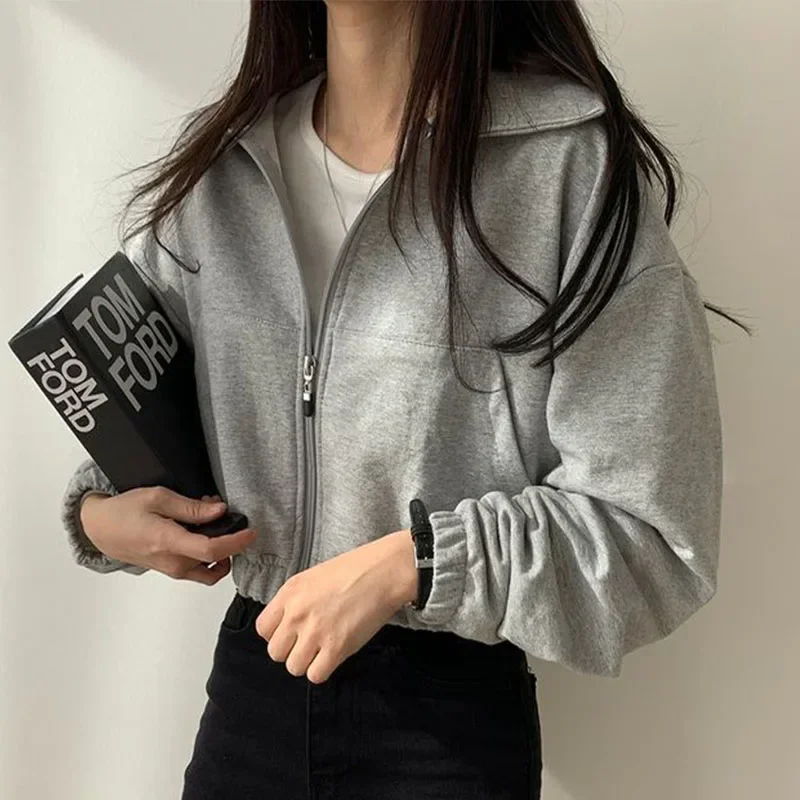 Chaquetas de mujer 2025, sudaderas de primavera y otoño para mujer, abrigos de manga larga con solapa y cremallera, sudaderas con capucha de gran tamaño, moda coreana