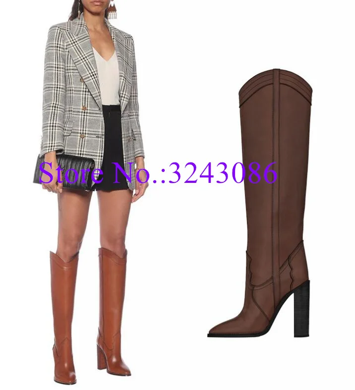 New Brown Leather Chunky Heel Woman Long Boots Fashion Thick Heel Near the Knee Boots Sexy Winter Female Shoes Dropship