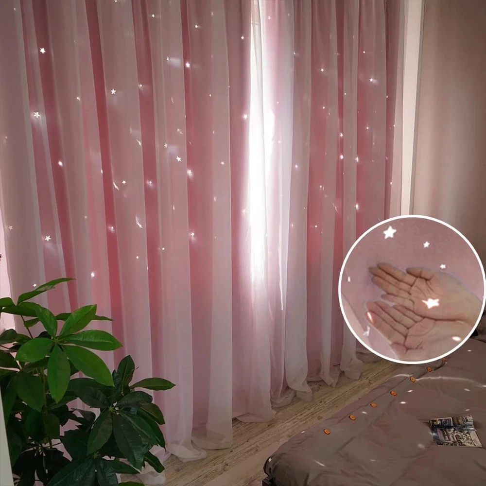 Double Layer Thick Curtains, Star Pattern Cutout, High Light Blocking, Princess Lace Sheer Curtain, Suitable for Bedroom Living