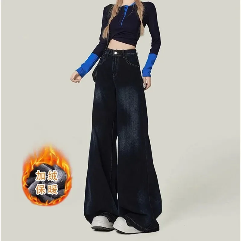 

Осень-зима Femme Джинсовые брюки грушевидной формы с высокой талией Женские повседневные бархатные ковбойские брюки Американские женские свободные широкие джинсы