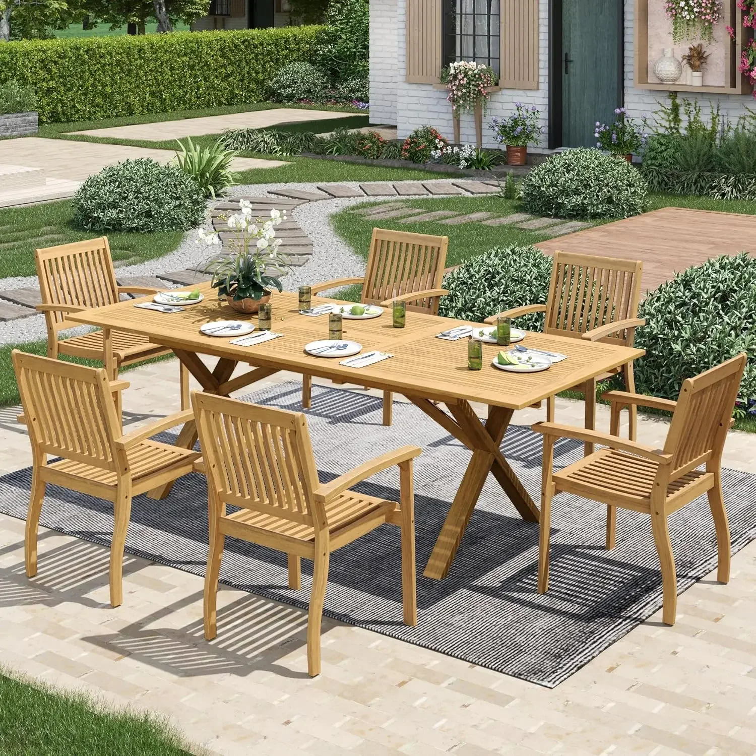 

Acacia Wood Outdoor Dining Set, 7 Pieces Patio Dining Table and Chairs Set, Expandable Dining Table(1.97" Umbrella, Customized