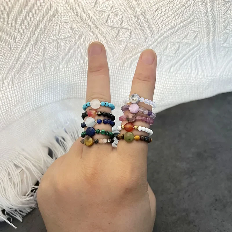 Boho Natural Stone Jewelry For Women Wedding Ring Party Handmade Tigereye Amethyst Malachite Beaded Rings With Stainless Steel