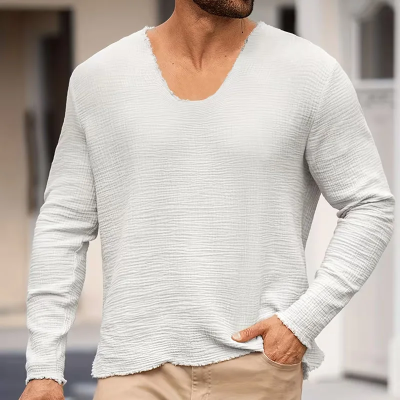 Spring Autumn Men's Casual Long Sleeve T-shirt Cotton Soft Fabric Solid Color U-neck Fashion Ripped Style Versatile Streetwear