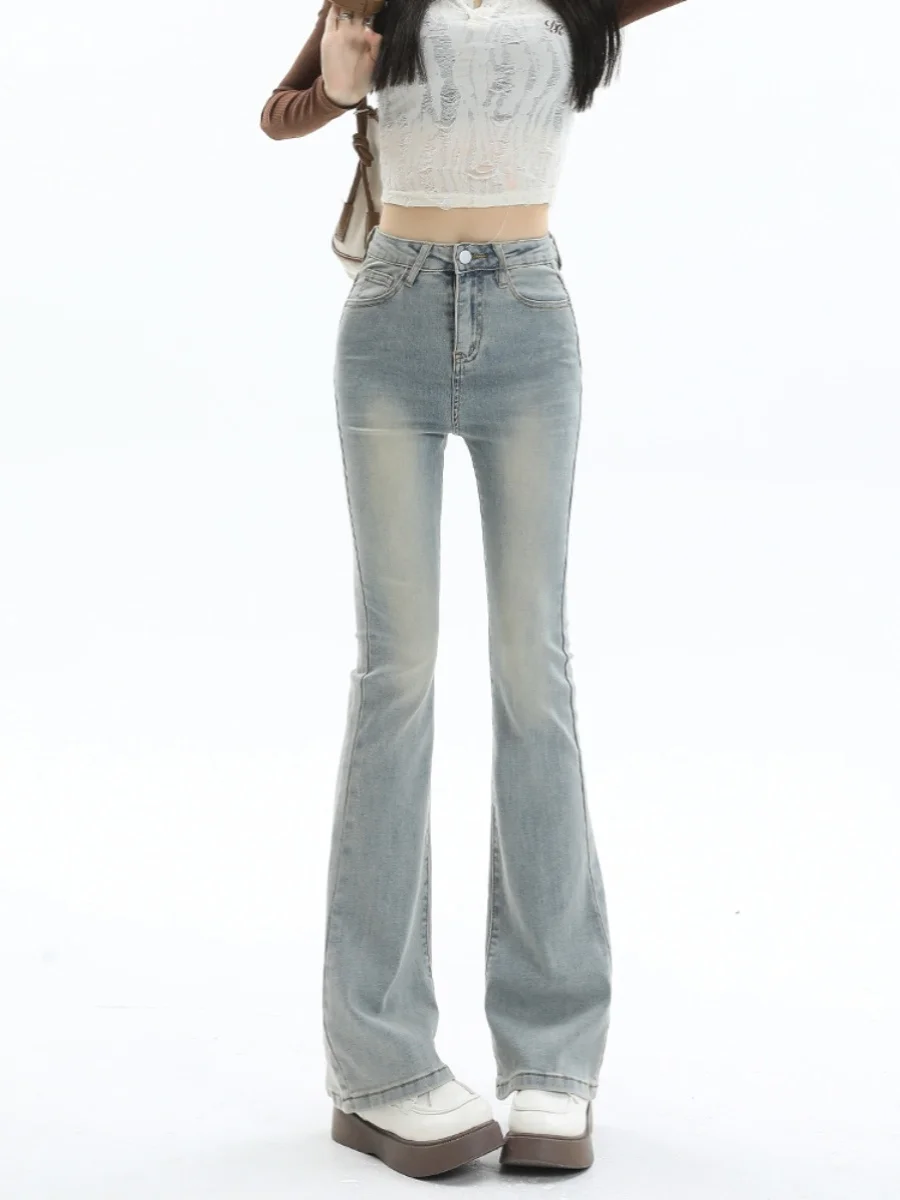 Bell-Bot-Jeans mit hoher Taille für Damen, dehnbar, schmale Passform, helle Farbe, American Vibe, lange Hose, Herbstsaison, erschwinglicher Denim
