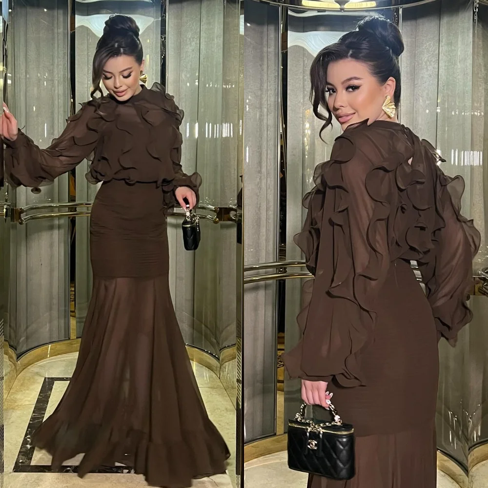

Brown Prom Dresses Customized High Neck Long Sleeves Mermaid Party Gowns Fashion Chiffon Pleat Ruched Evening Dress
