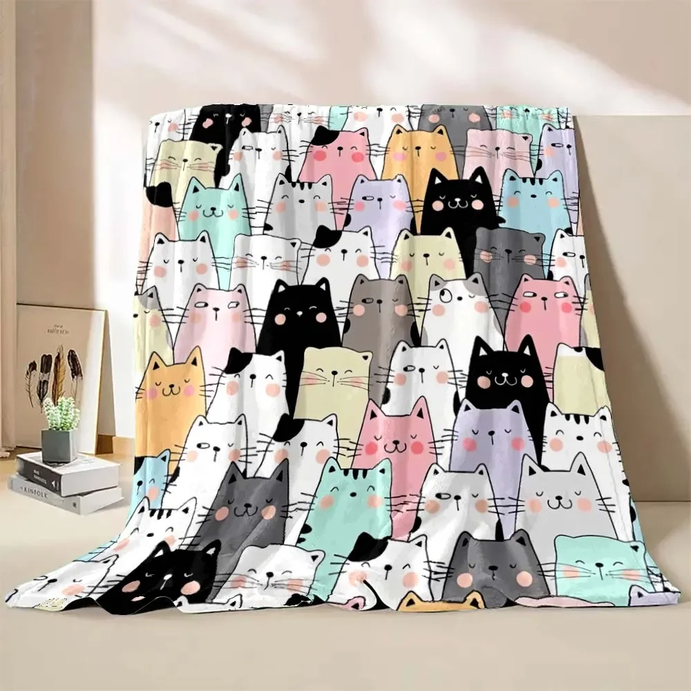 Cute Cartoon Cat Print Blanket, Soft Crystal Velvet Throw – Cozy for Home, Travel, Office, Sofa – Warm Gift for Women, Play Mat