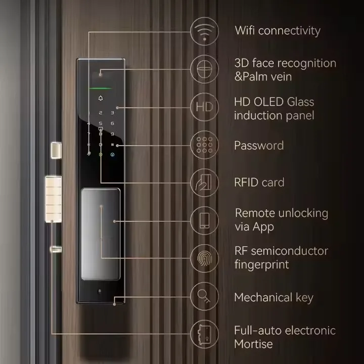 قفل باب ذكي للتعرف على الوجه ثلاثي الأبعاد من A5 Pro مع مفتاح بطاقة بصمة الكاميرا البصرية عالية الدقة ووصول إلى شبكة WiFi