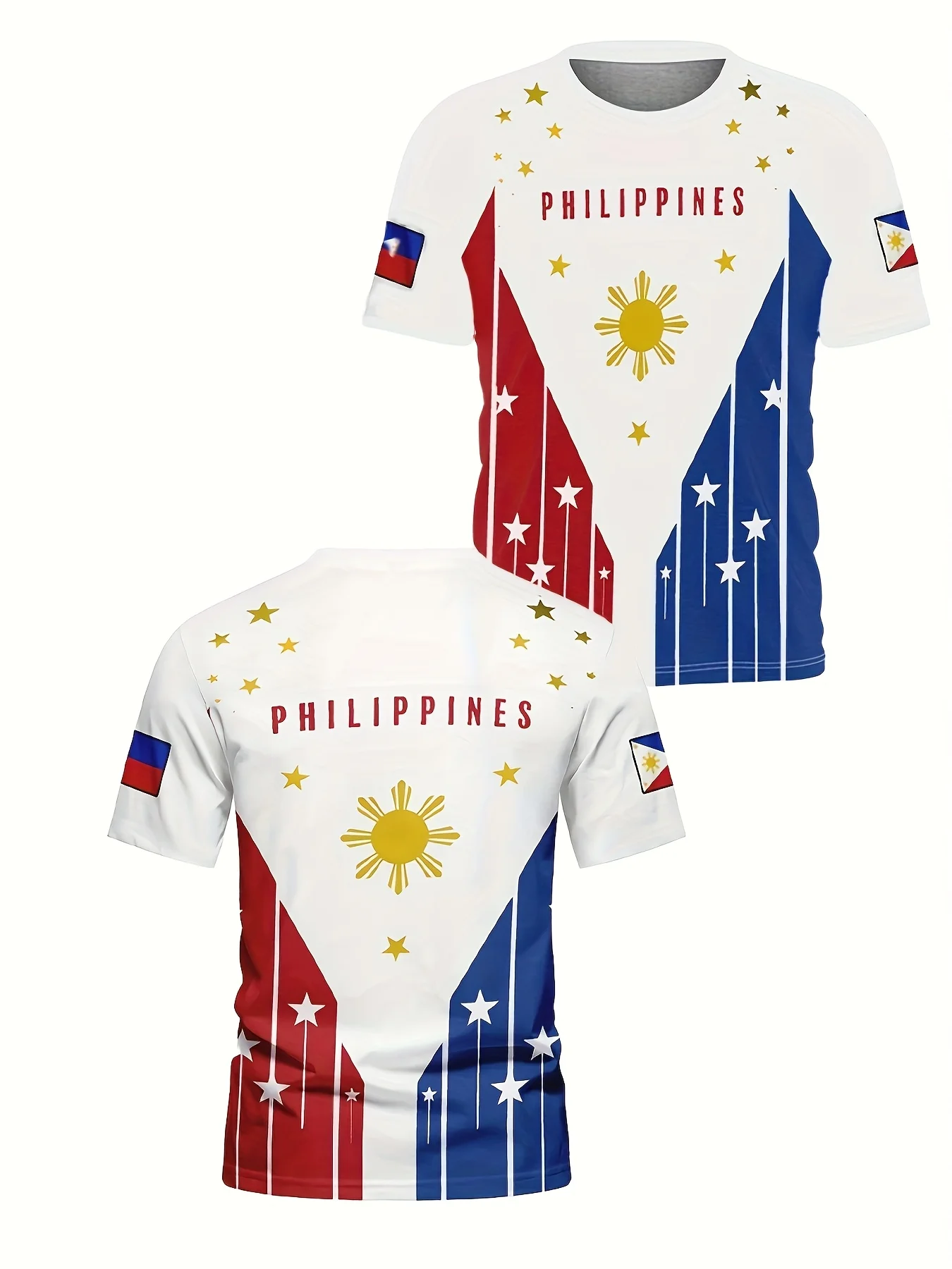 تي شيرت كاجوال بنمط "الفلبين" للرجال - تصميم مطبوع ثلاثي الأبعاد مع الشمس والنجوم، بأكمام قصيرة، ملابس شاطئ صيفية برقبة دائرية #5