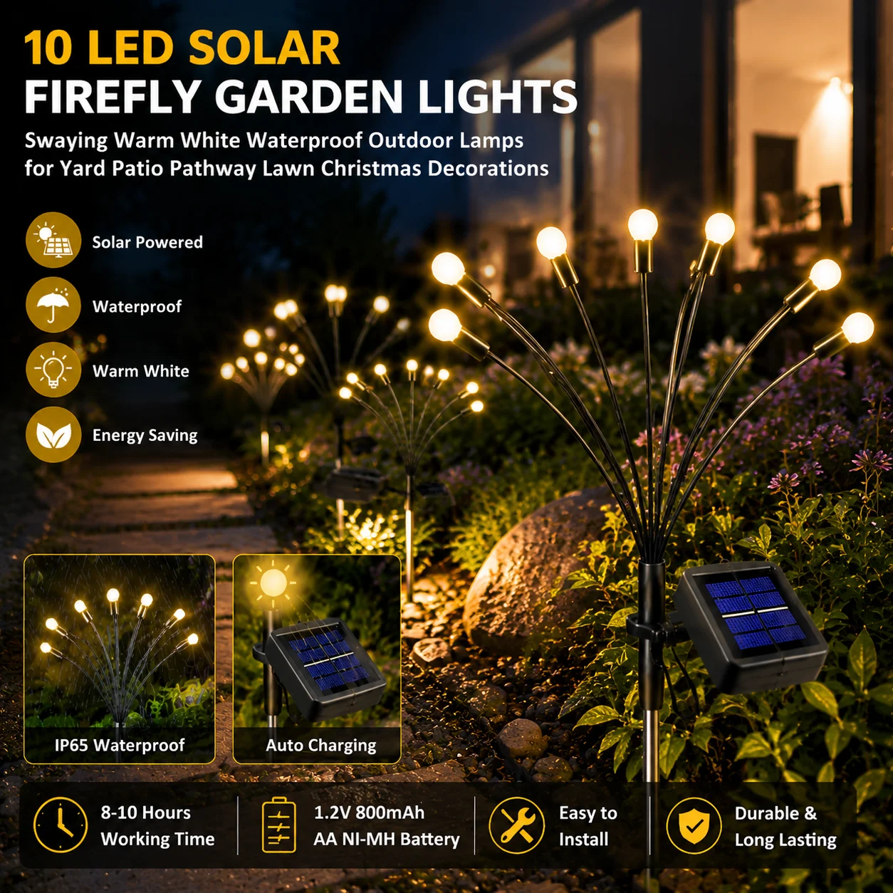10 Led Solar Firefly Ball Stake Light, Swaying Warm White Garden Pathway Waterproof Yard Patio Lawn Decor