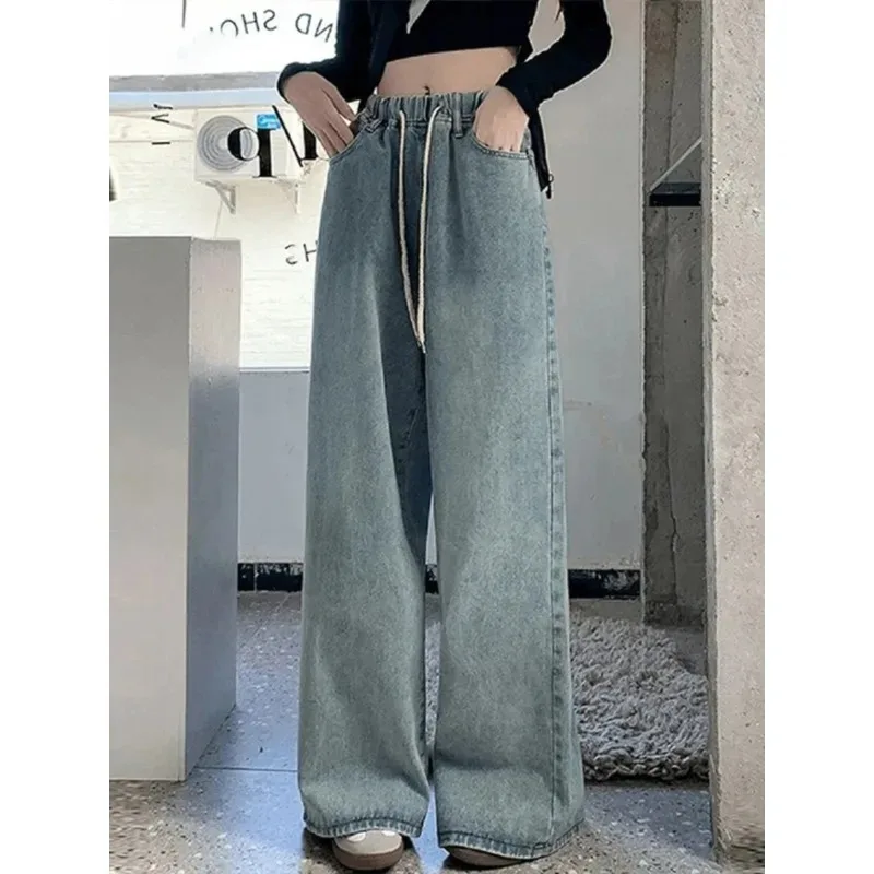 

Джинсы женские с высокой талией и широкими штанинами, свободные прямые синие длинные джинсовые брюки, модная уличная одежда