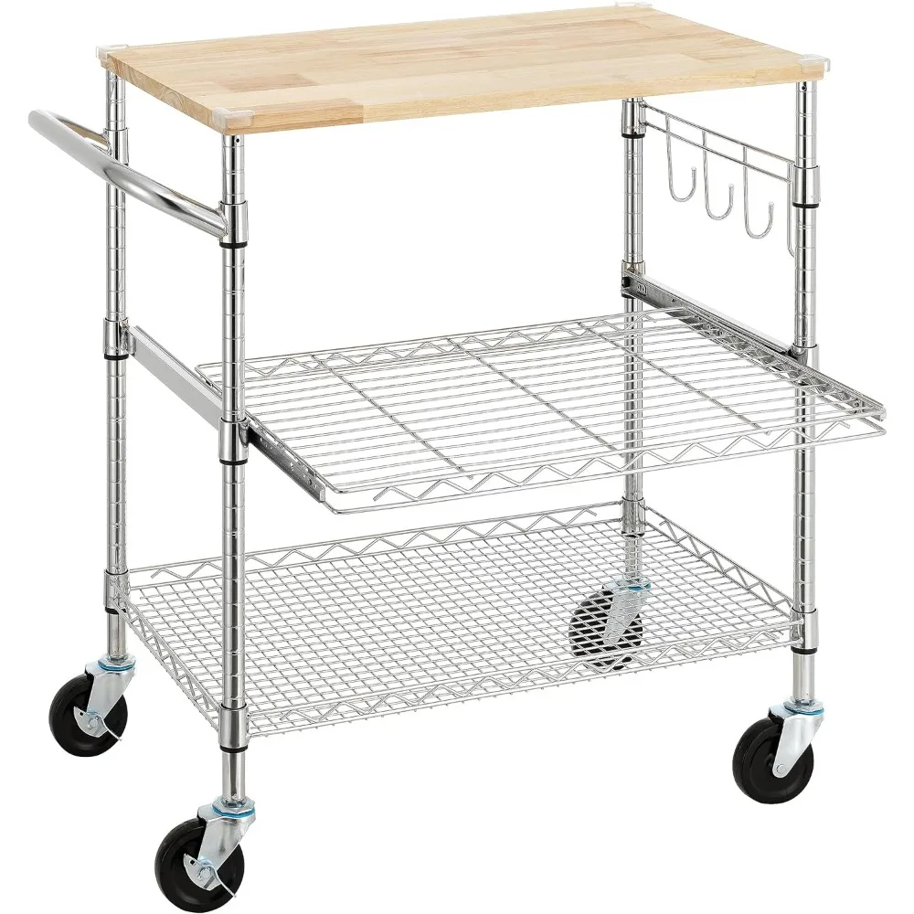 

3-Tier Rolling Kitchen Cart With 18 D x 30 W Oak Wood Tabletop, Kitchen Island With 4 Wheels and Slider Shelf, Microwav