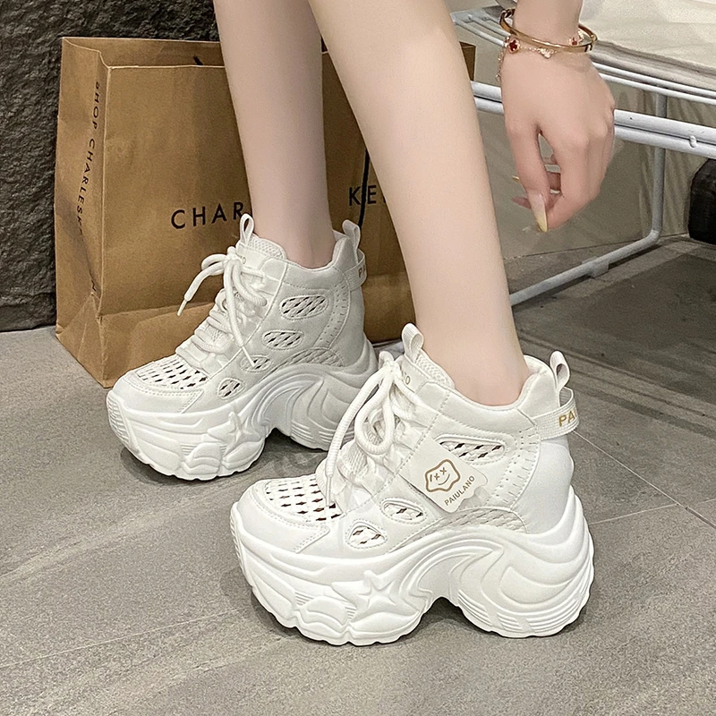 

New 2025 Chunky Leather Sneakers Summer Lace-up Casual Vulcanized Shoes Woman High Platform Breathable Mesh Sport Dad Shoes 10CM