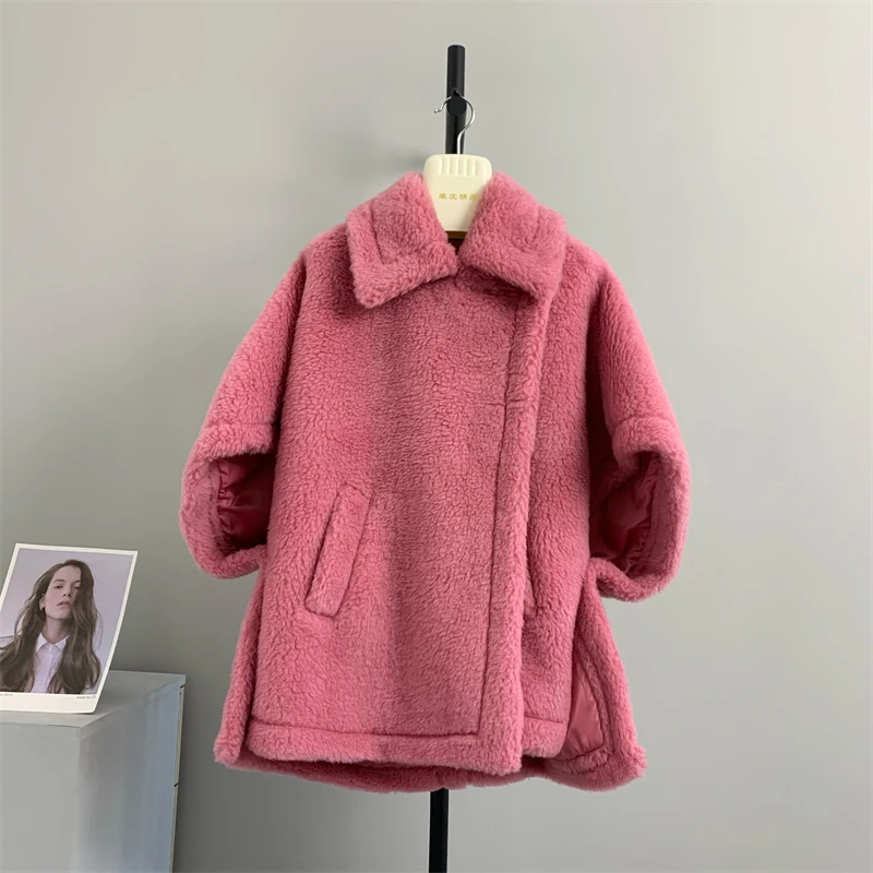 New Elegant LooseTeddy Bear Coat Shawl Cape Women Fashion Short Laepl Sheep Sheared Alpaca Fur Coat Silk Female Autumn Winter