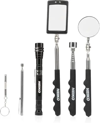 

NEIKO 6-Piece Magnetic Tool Set with Telescoping Mirror & Flashlight – 360° Swivel, 15lb Pickup – Mechanic Tools