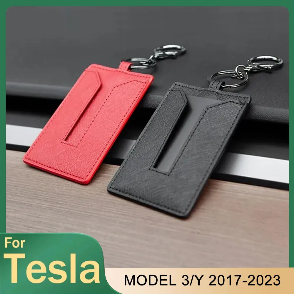 PU Leather Suede Card Key Holder For Tesla Model 3 Y 2023 2022 Car Keychain Protector Case Cover Full Cover Accessories