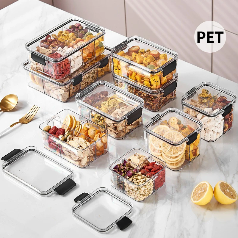 

2/4/6 Grid Buckle Sealed Storage Container Transparent PET Material Snack Classification Storage Box Household Kitchen Organizer