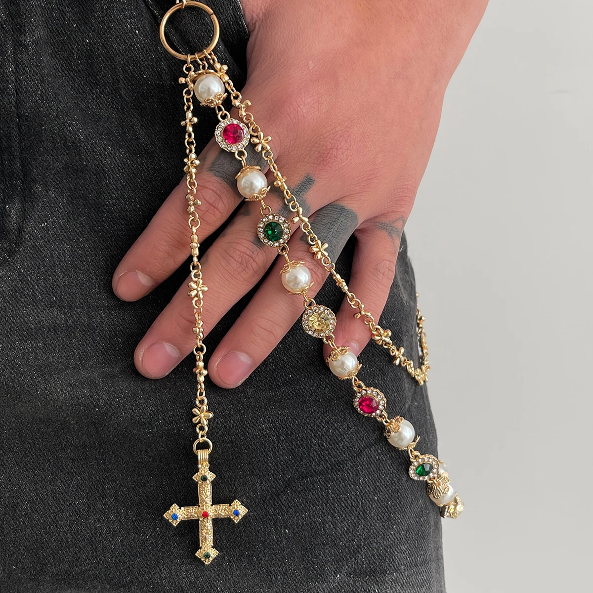 Salircon Exquisite Luxury Cross Pendant Imitation Pearl Keychain Belt Chain Men Women Punk Trousers Jeans Chain HipHop Jewelry image 3