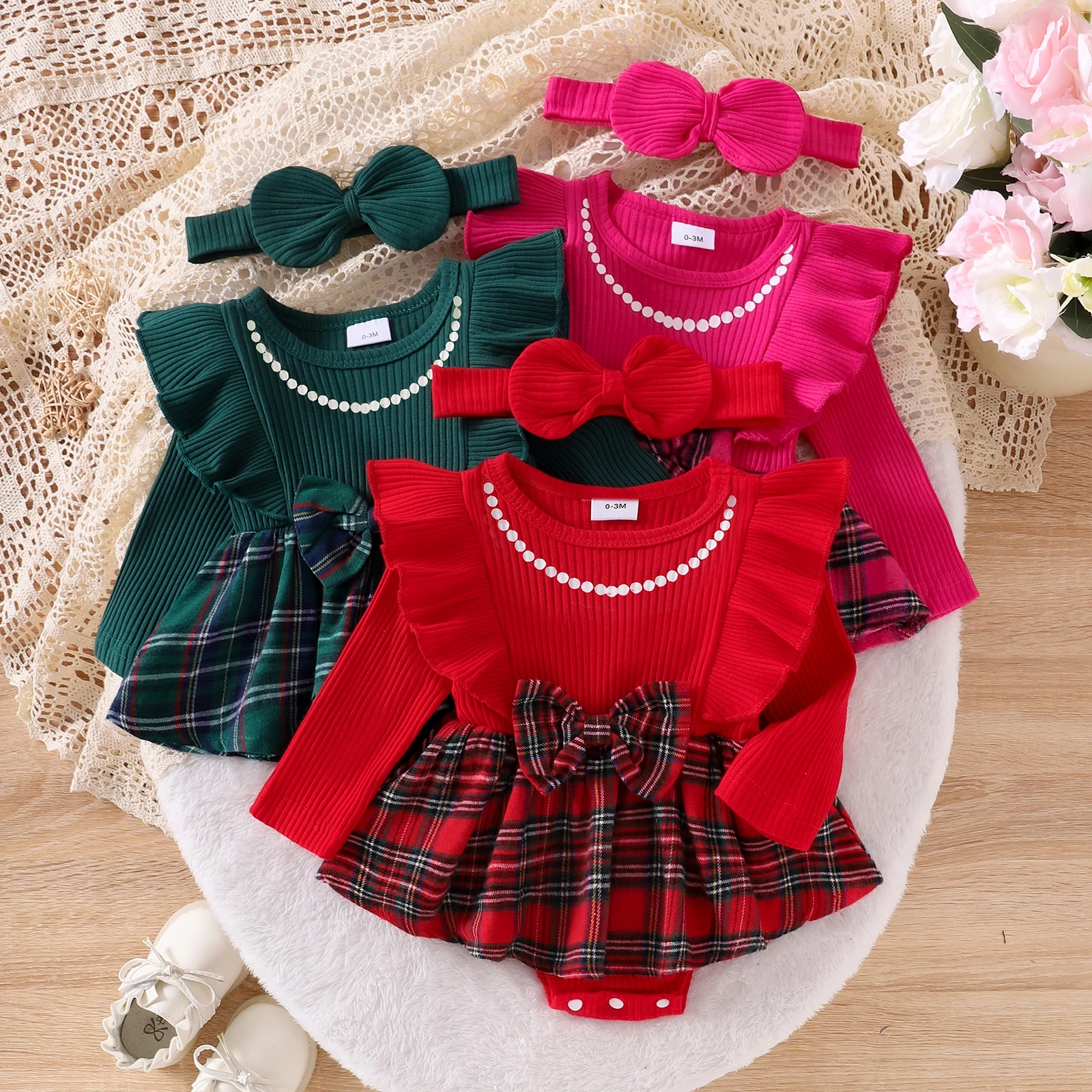 VISgogo Baby Girls Christmas Romper Dress Spring Autumn Casual Romper Long Sleeve Plaid Print Ribbed Bodysuit with Headband 2pcs