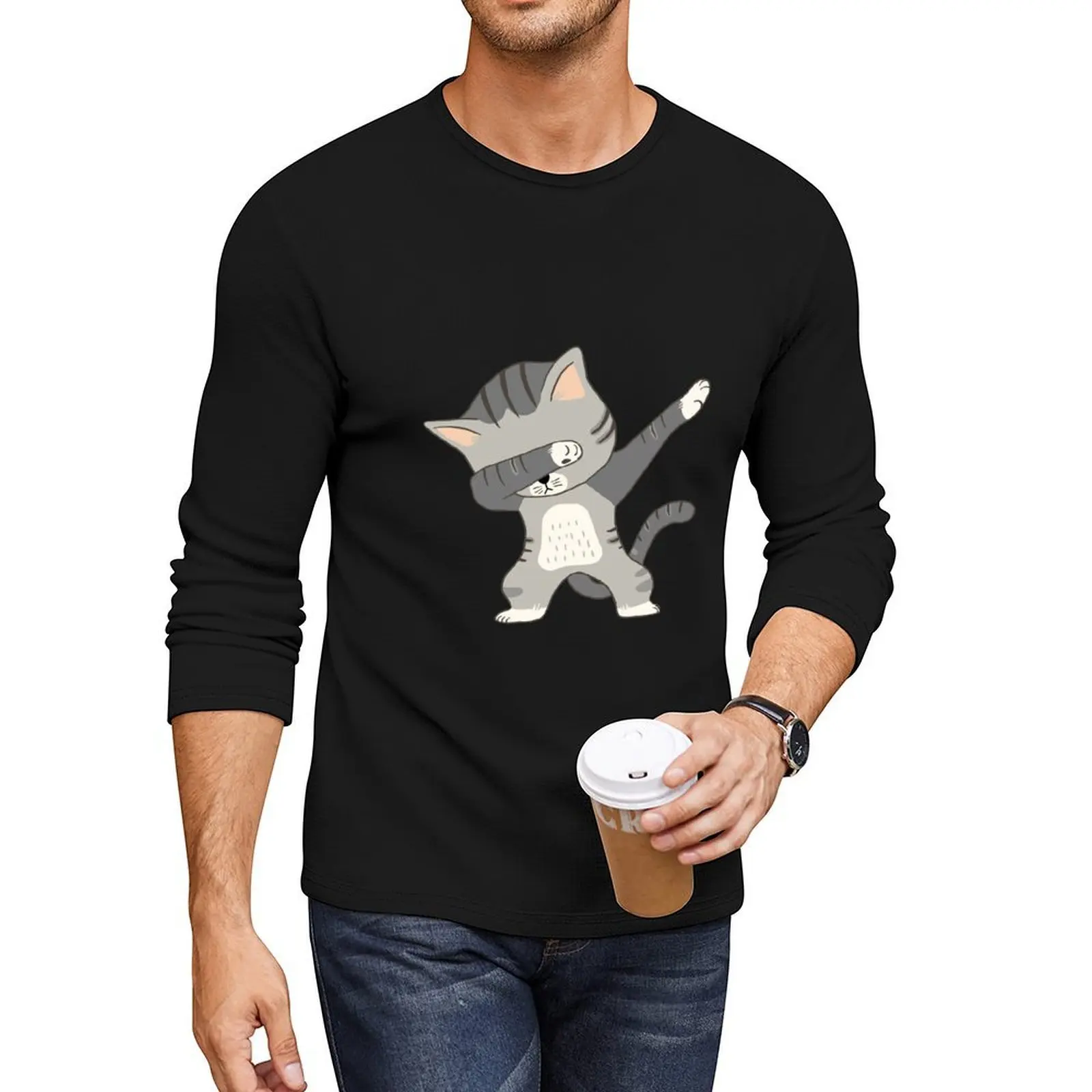

Dabbing Cat Long T-Shirt tops black t shirt Blouse quick drying t-shirt workout shirts for men