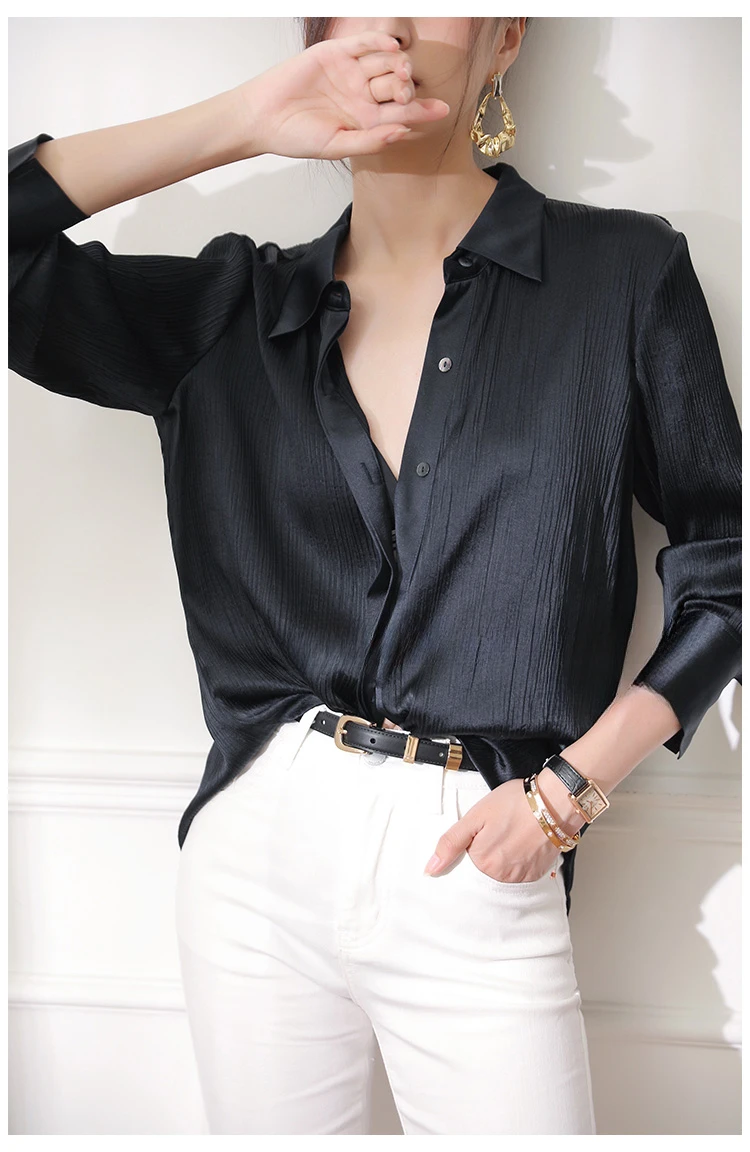 Satin Women\'s Shirts New Silk Solid Office Lady Blouses Loose Spring/Summer V-neck Ladies Clothing Long Sleeves Fashion Tops