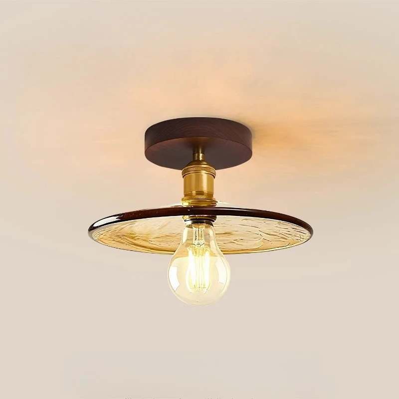 American Retro Corridor Aisle Ceiling Light Medium Antique Walnut Color Solid Wood Glass Porch Balcony Living Room Hanging Lamp