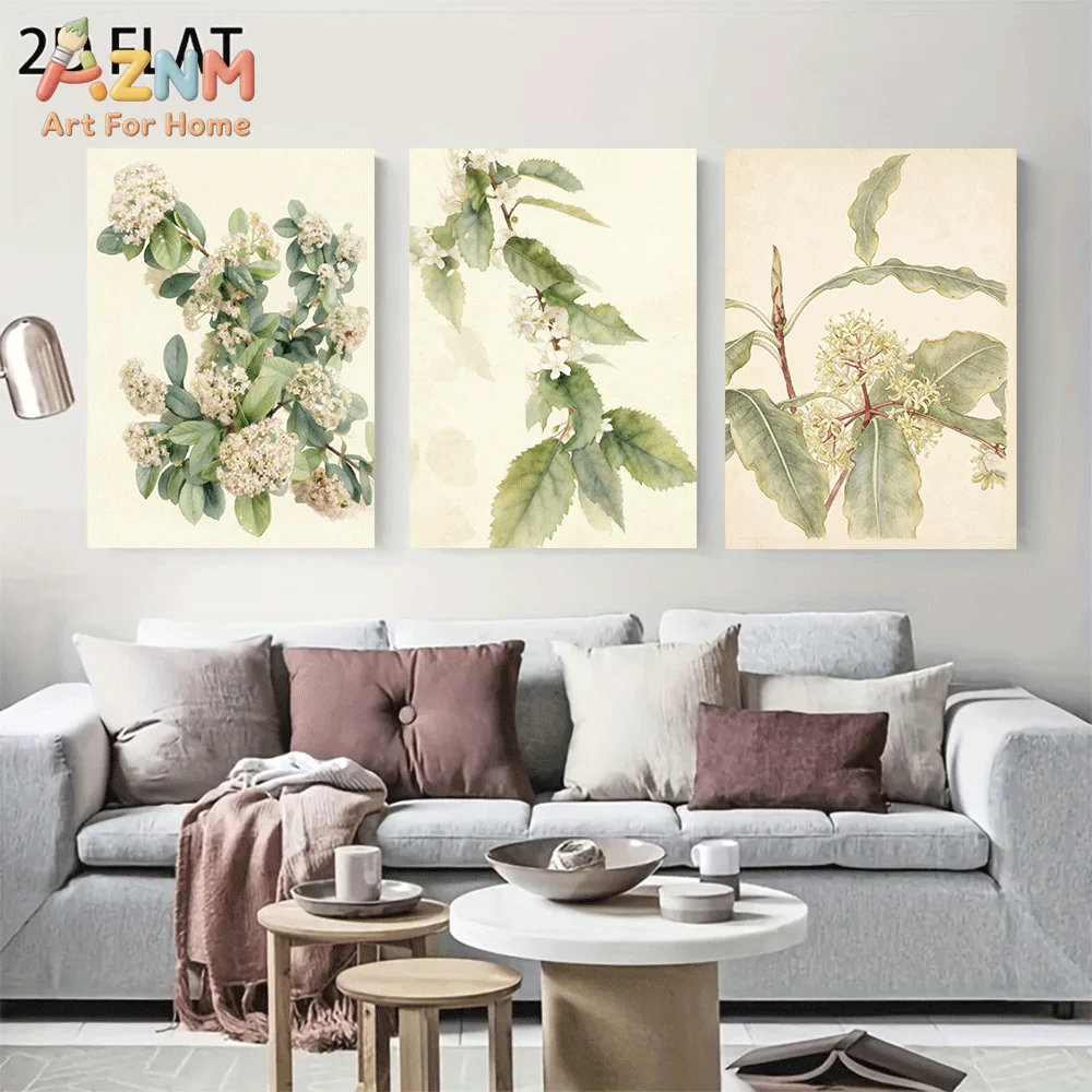 AZNM Frameless Canvas Wall Art, Vintage Botanical White Flower Leaf Print, Antique Watercolor Floral Wall Decor for Living Room