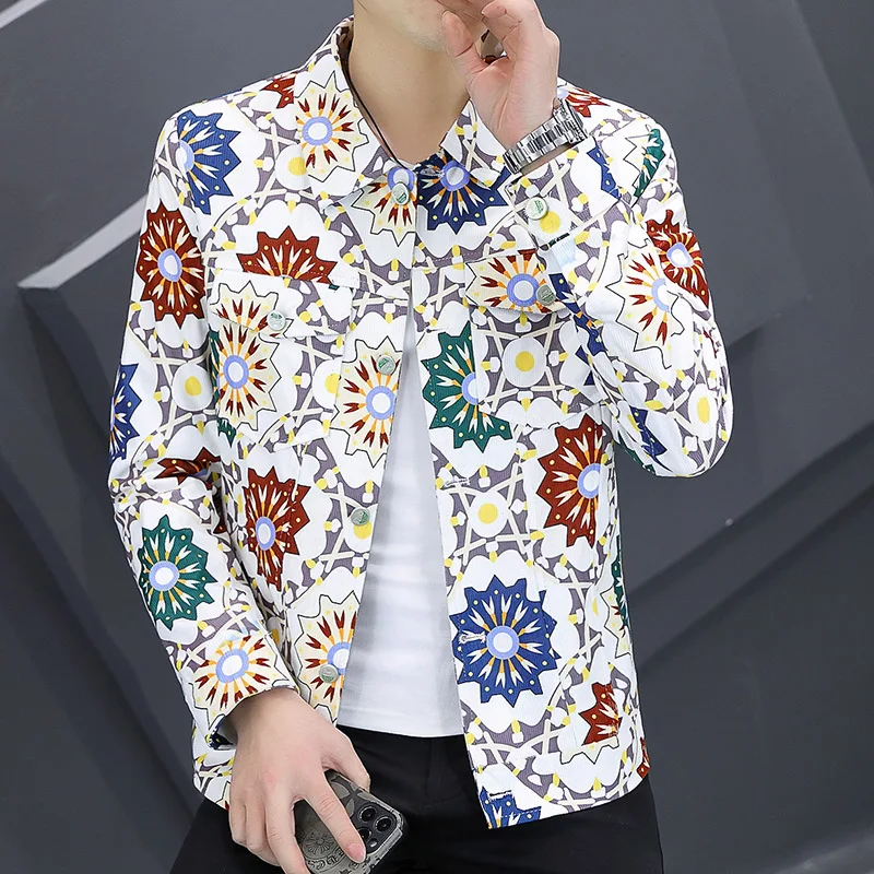 Men's Spring Autumn Casual Flower Color Jacket Streetwear Fashion Turn Down Collar Shirt Jacket Men Outerwear Coat