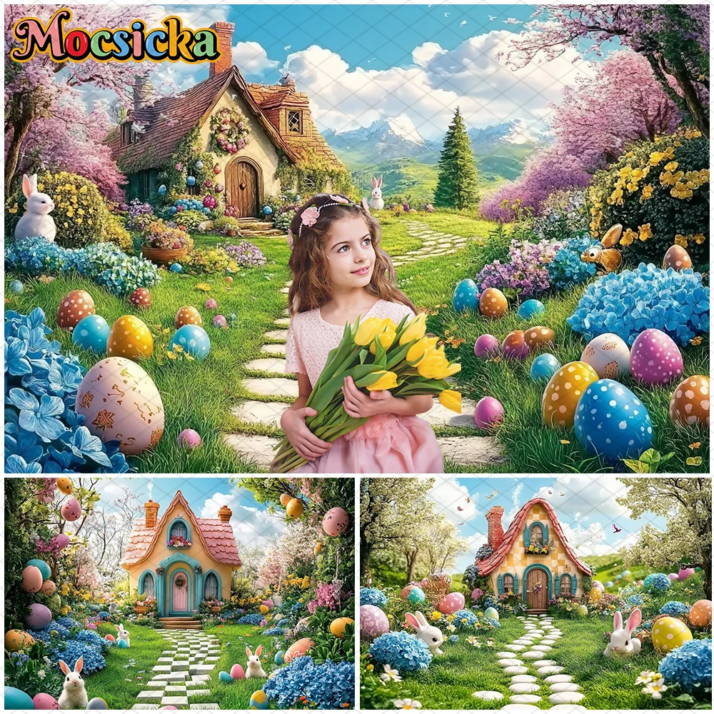 

Mocsicka Easter Photography Backdrops Spring Rural Road House Egg Rabbit Decorations Backgrounds Studio Props Birthday Wallpaper