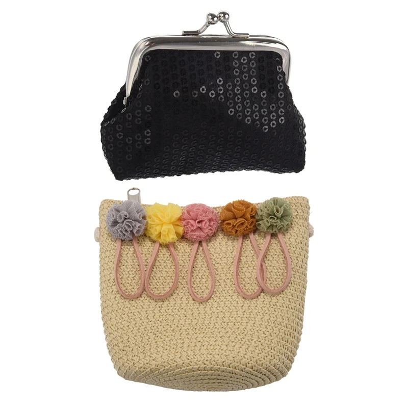 

Women's Sequins Coin Purse Buckle Mini Wallet(Black) & Girls Shoulder Bag Straw Rattan Weave Crossbody Bag(Beige)