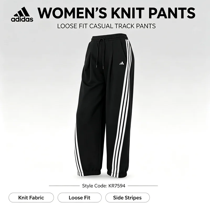 Adidas KR7594 Womens Knit Wide Leg Pants Superior Double Sided Fabric 3 Stripes Loose Sports Trousers