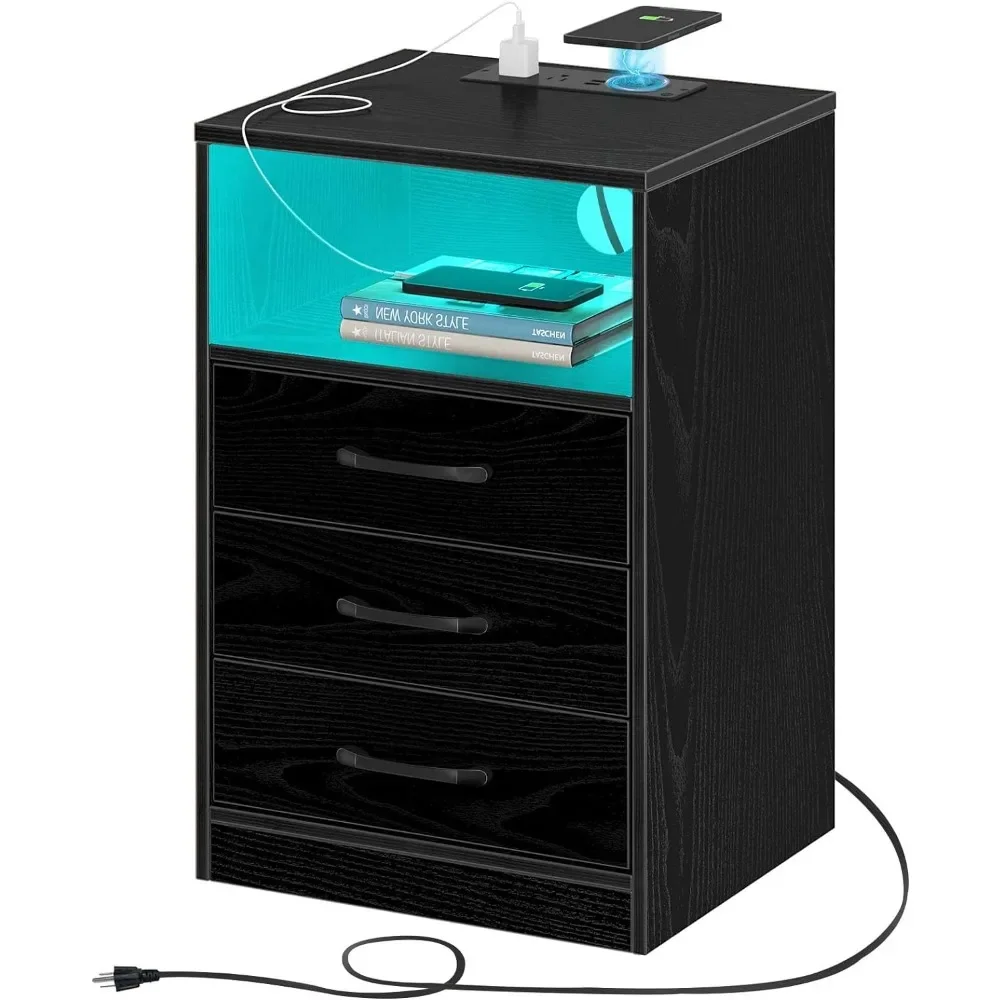 

Nightstand with Wireless Charging Station and LED Lights, Modern End Side Table with 3 Drawers and Open Compartment