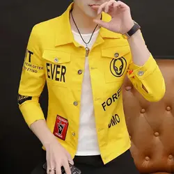 Spring Autumn Star Hip Hop Prnted Graffiti Harajuku Fashion CowBoy Cardigan Male Top Yellow Luxury Youth Outerwear Denim Jacket