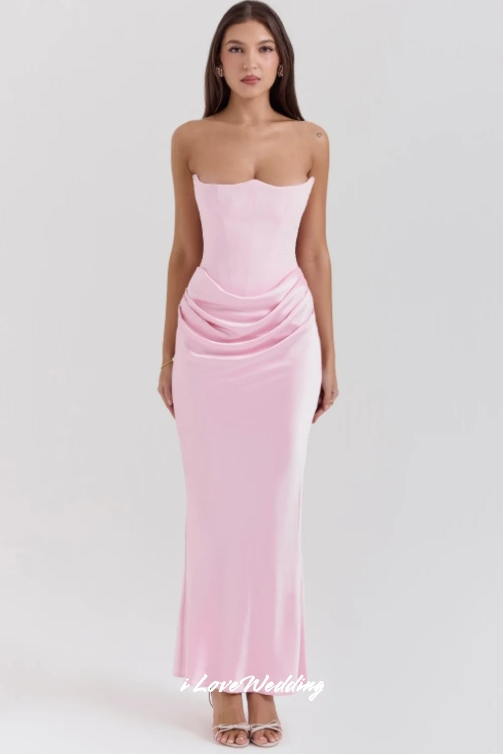 Розовые вечерние платья без бретелек 2025: атласные плиссированные платья русалки без рукавов, элегантные свадебные платья длиной до щиколотки по индивидуальному заказу