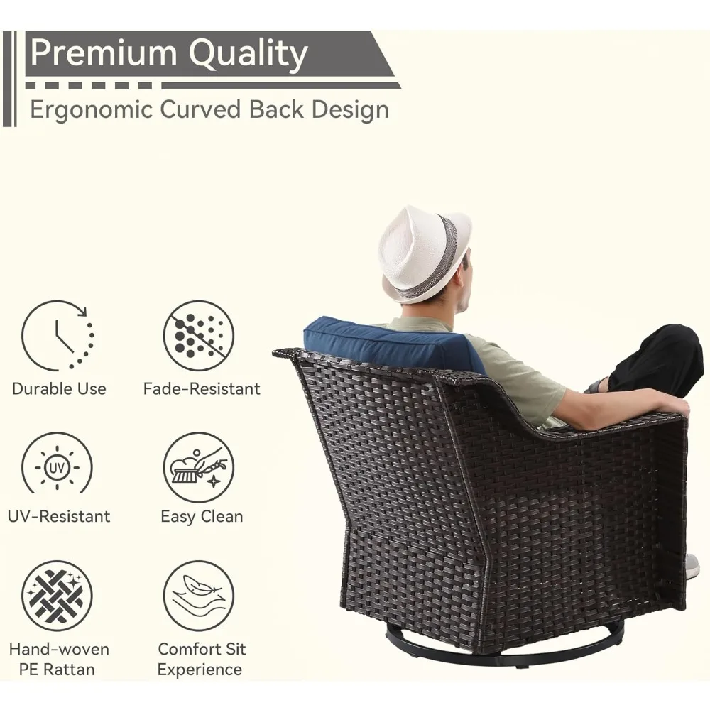 Cadeiras de balanço giratórias de 3 peças ao ar livre com mesa lateral combinando, conjunto de móveis de pátio com almofadas de assento premium de 4" para jardim