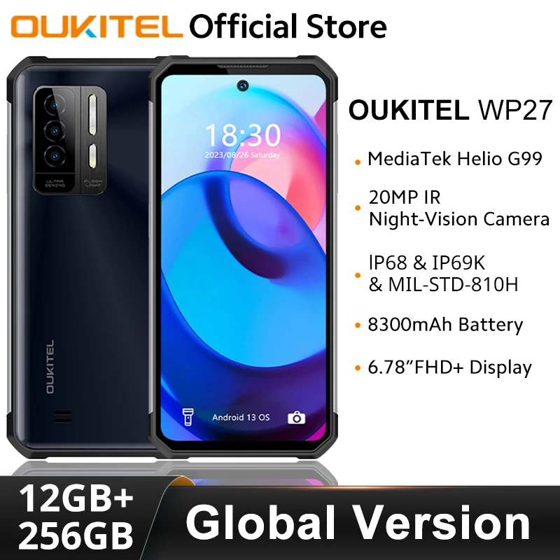 

Oukitel WP27 Rugged phone 12GB+256GB 8300mAh Cellphones androids NFC 64MP Rear Camera Smartphone 6.8'' FHD+ Display