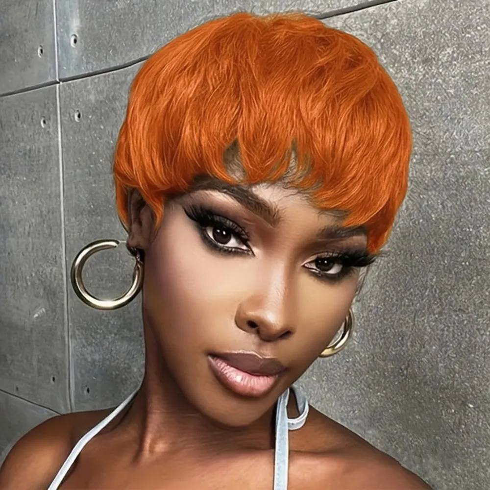 

Короткие прямые парики в стиле пикси, 150% плотность, 6 дюймов, красно-оранжевый цвет, машинная работа, парики из натуральных волос для женщин.