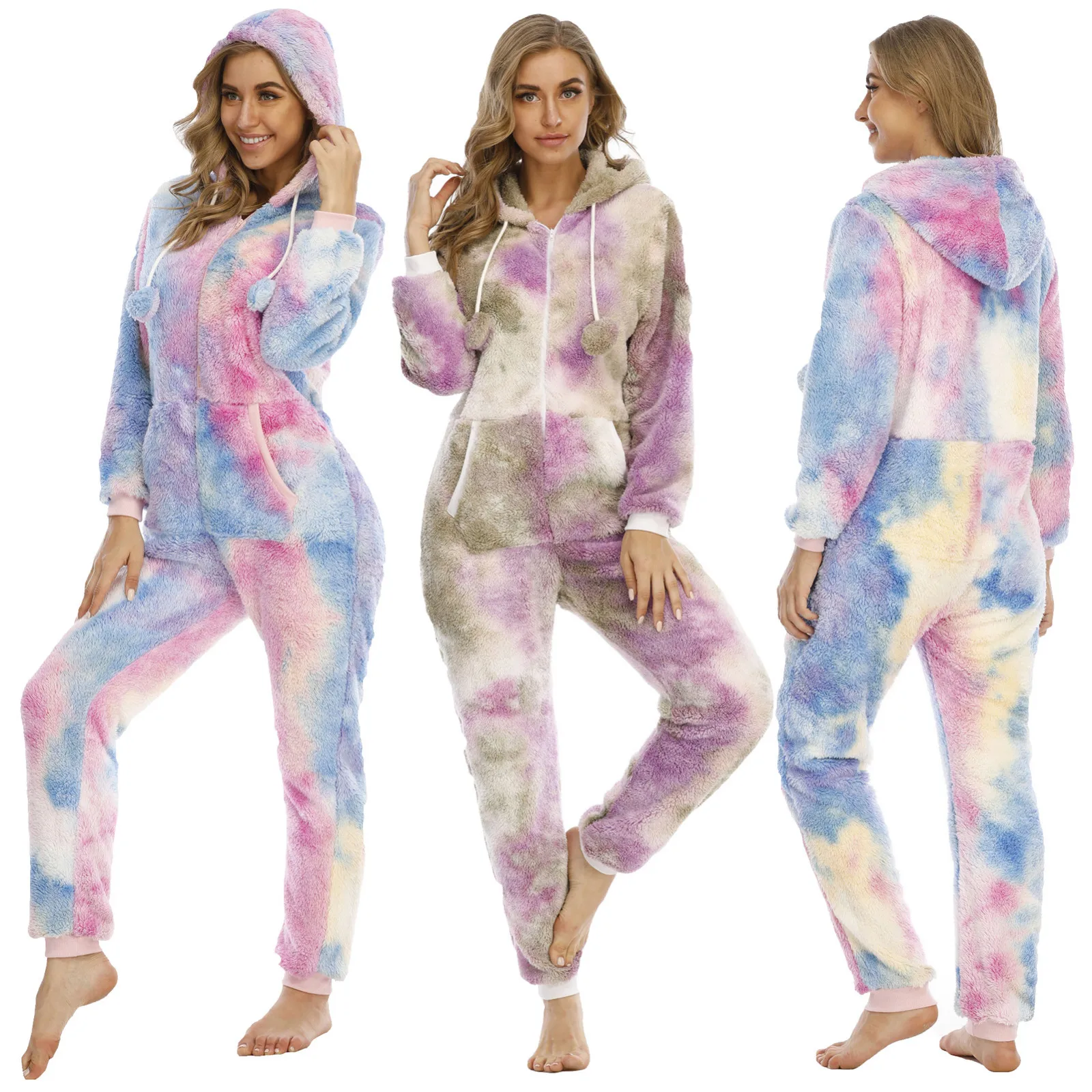 12 Colors Women’S Sleepwear Onesie Plush Hooded Tie-Dye Fleece Fluffy Jumpsuit Nightgown Thick Pajamas Warm Loungewear Rompers