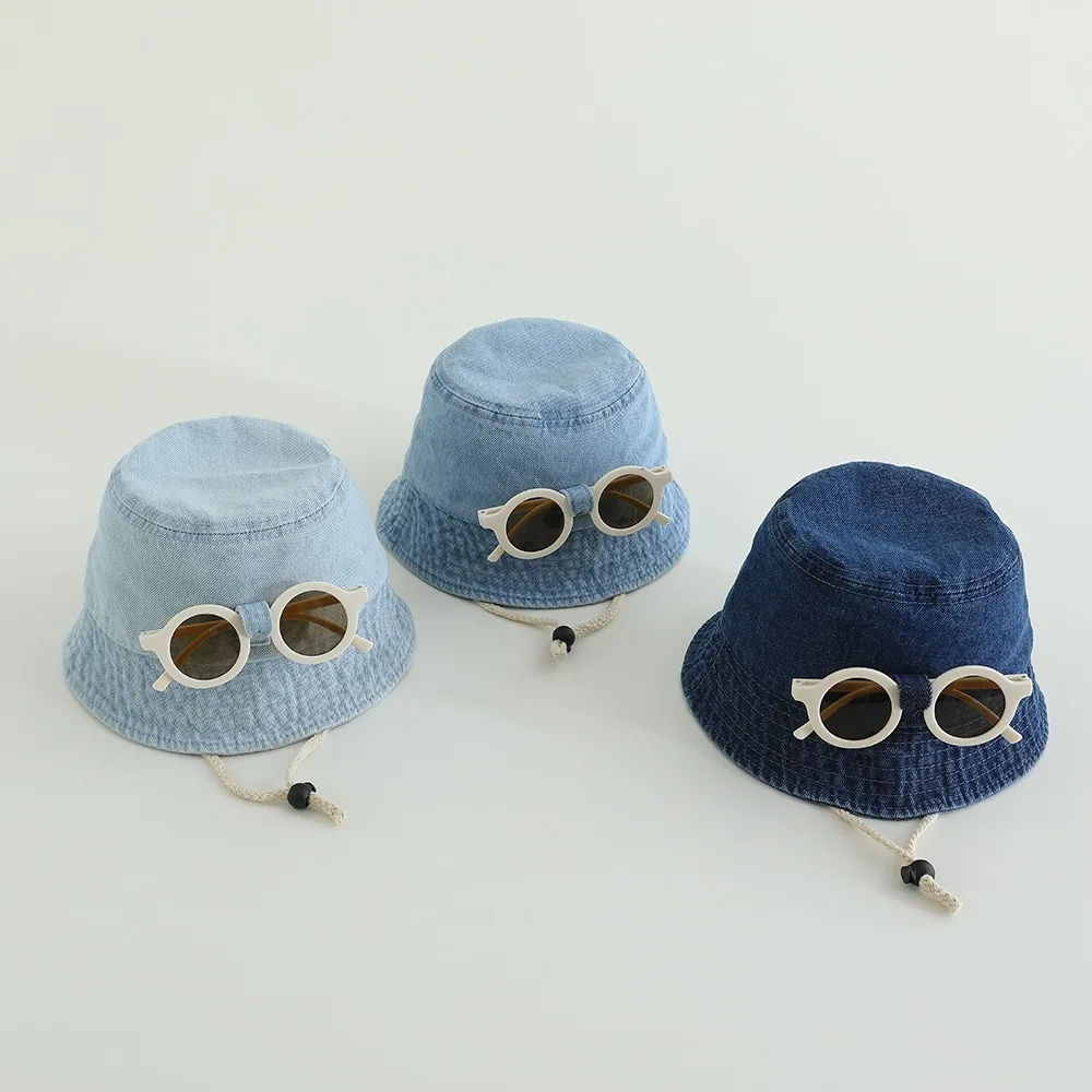 

Fashion With Sunglasses Spring Baby Hat Large Brim Solid Color Fisherman Hats Sun Protection Denim Bucket Hat For Kids 1-4 Year
