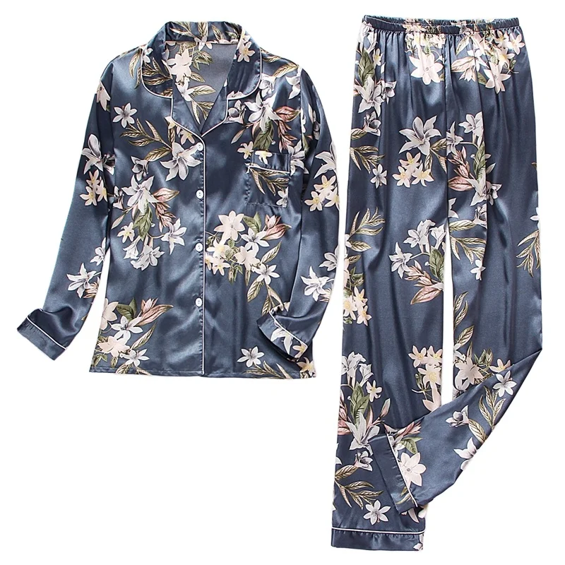 

Autumn Winter pajama women Silk Satin pajamas set Long sleeve Shirt with Trouser Sleepwear Loungewear Female Pyjamas Suits Mujer