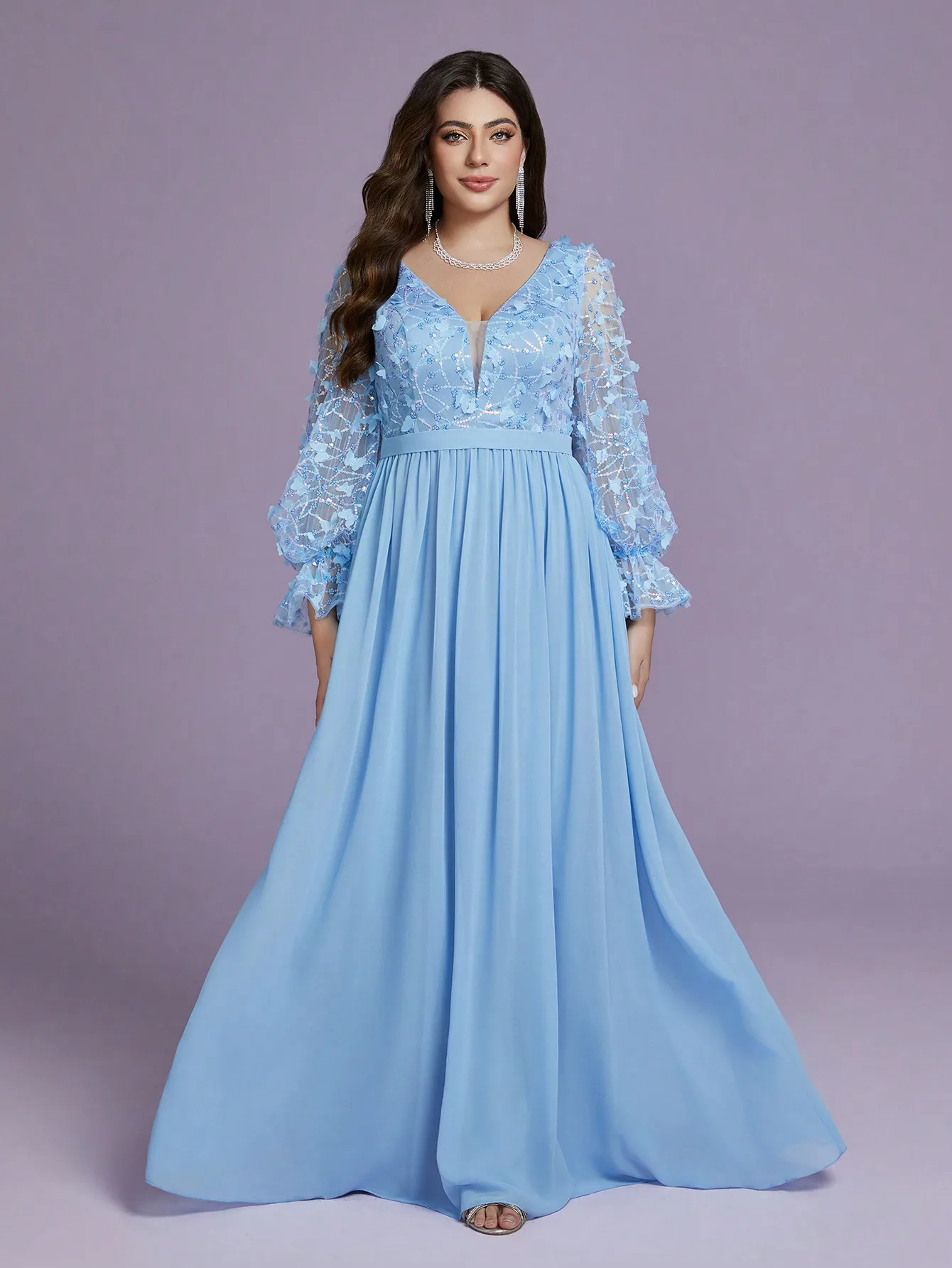 Mgiacyv-neck flame-patterned butterfly sequined long-sleeved hem pearl chiffon high-end evening dress