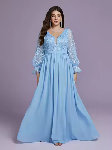 Mgiacyv-neck flame-patterned butterfly sequined long-sleeved hem pearl chiffon high-end evening dress